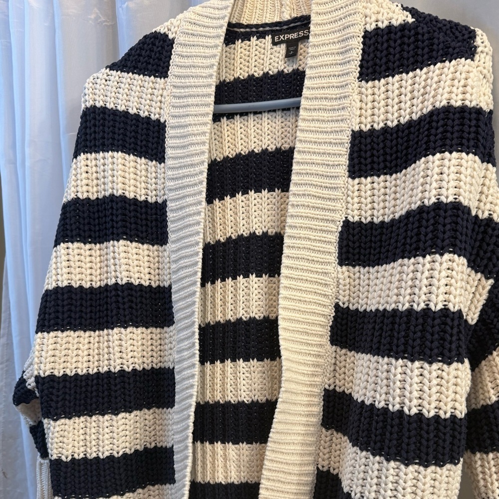 Express Navy and Cream Striped Crew Neck Sweater